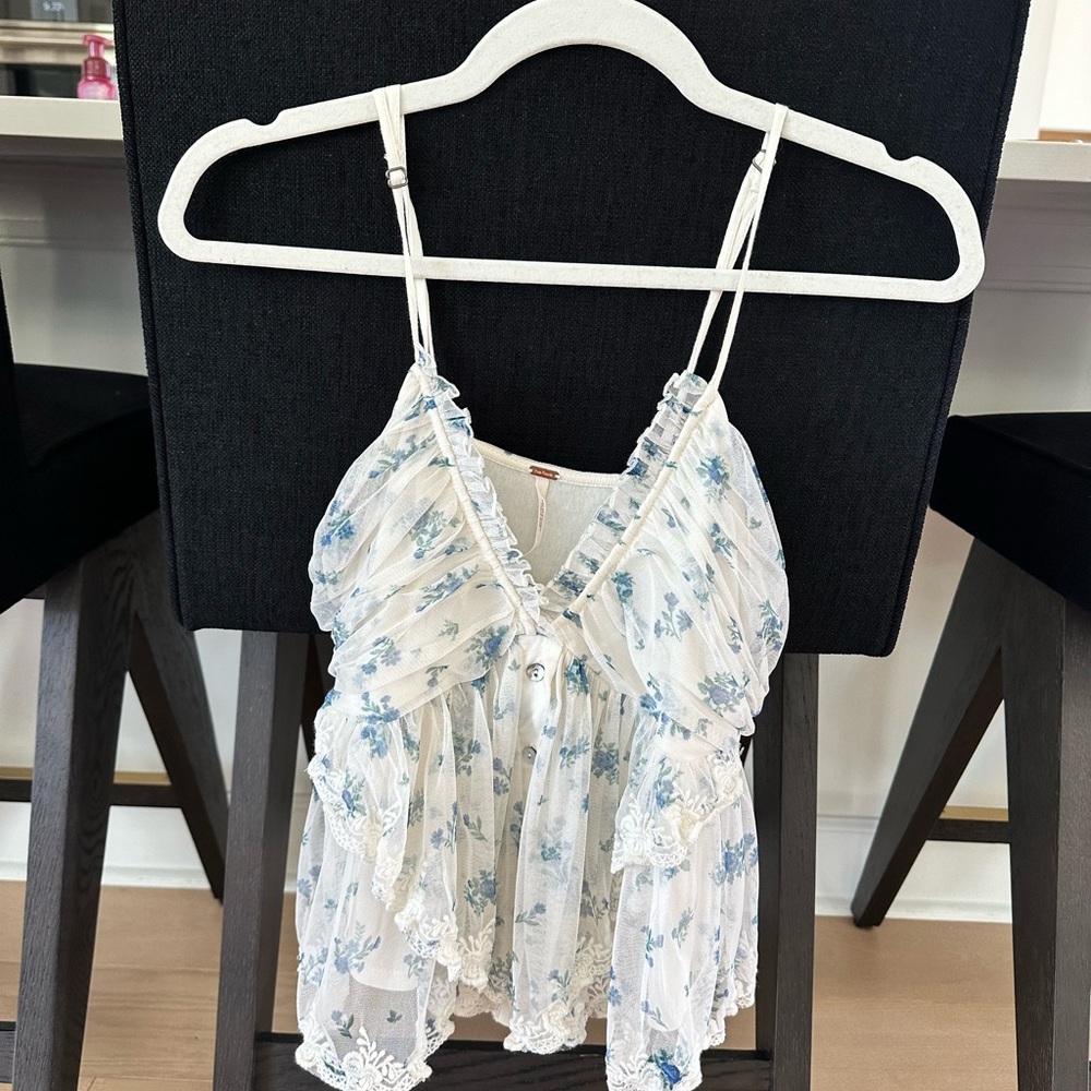 Free People White and Blue Floral Tank Top